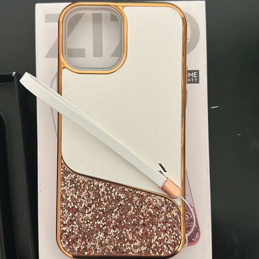 iPhone 12 pro case with wristlet and pink glitter